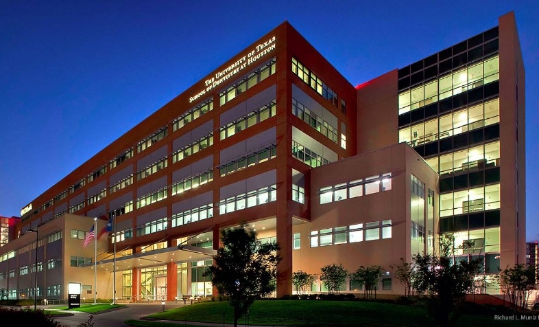 Exterior of building at the University of Texas School of Dentistry at Houston at nighttime