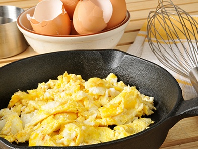 Pan of scrambled eggs